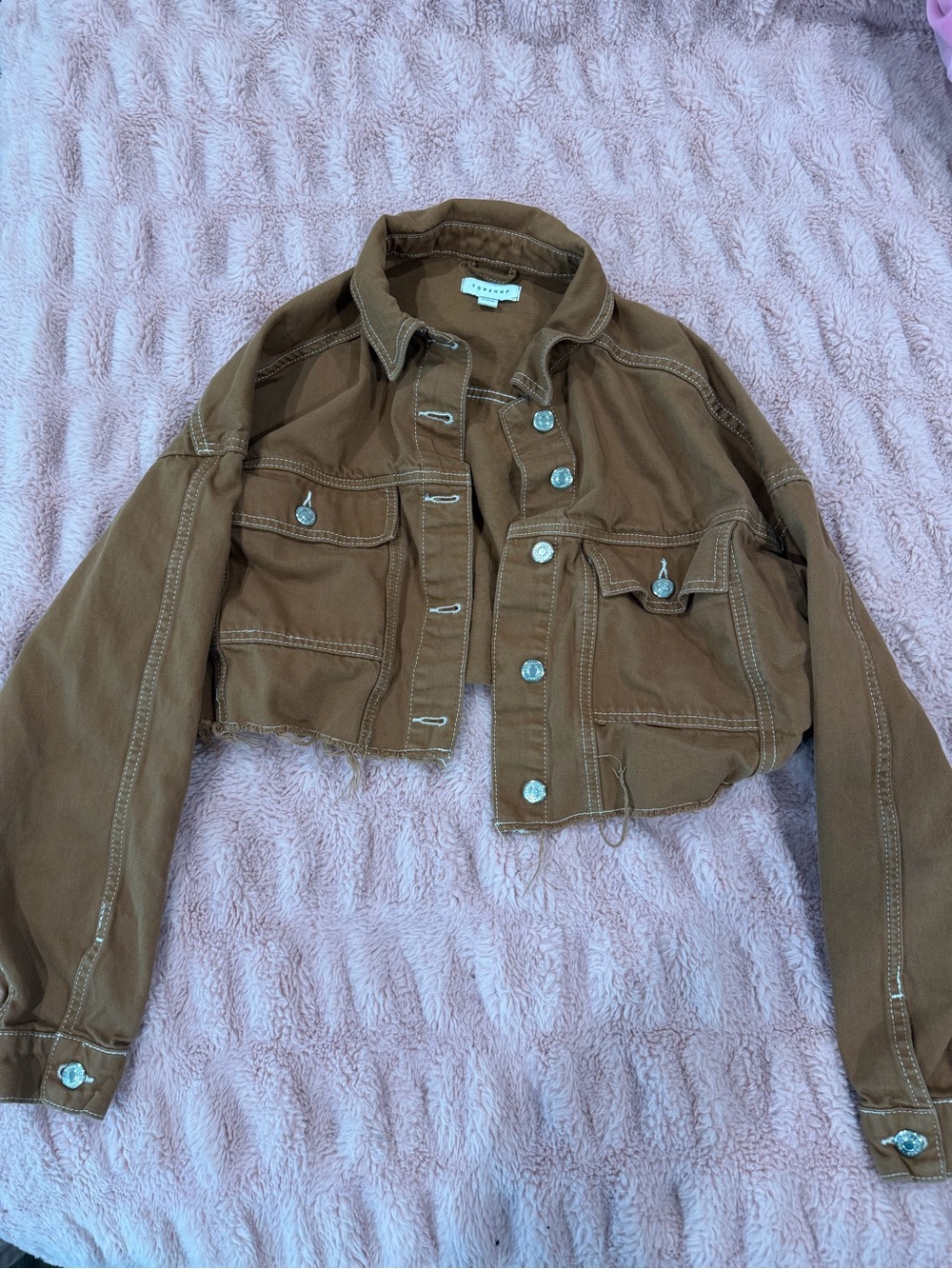 Topshop Cropped Brown Denim Jacket - Picture 3 of 8